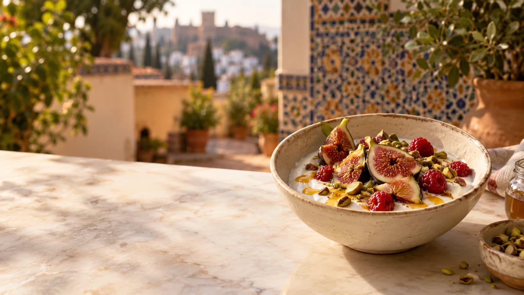 Cuenco de kéfir artesano con higos, frambuesas, pistachos y miel, con el Albaicín de Granada al fondo