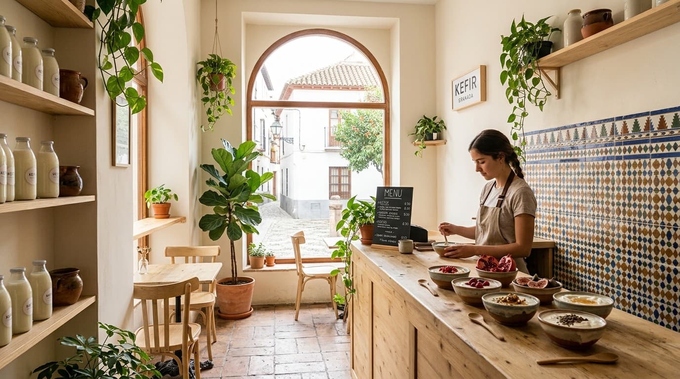 Interior de Don Benítez: barra de madera, azulejos y vistas a una calle del Albaicín