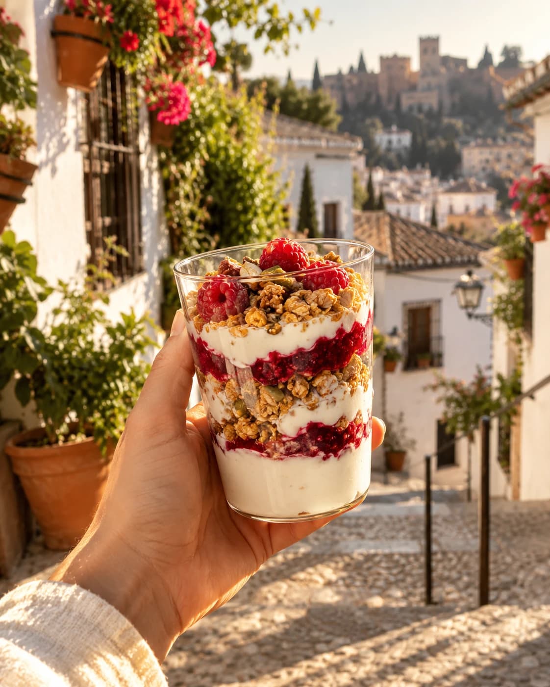 Vaso de kéfir con frambuesas y granola en una calle del Albaicín con la Alhambra al fondo