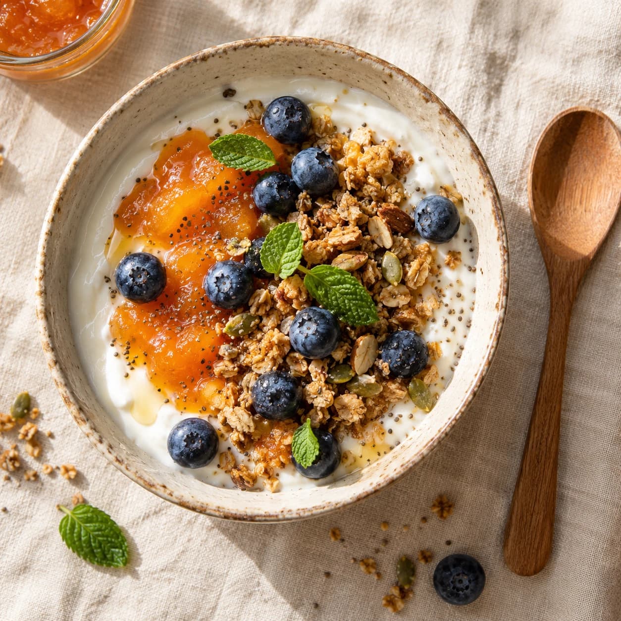 Cuenco de kéfir con mermelada de albaricoque, arándanos, granola, semillas y menta